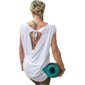 PRANA White Slub Tshirt Cowl Neck Open‎ Tie Back Organic Sustainable Yoga Active